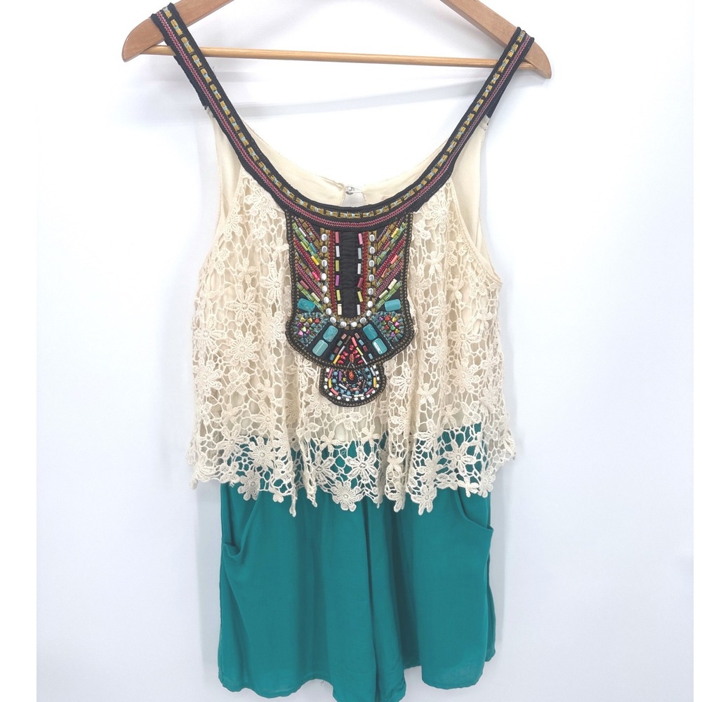 Altar'd State Beaded Crochet Shorts Romper Teal Cream Boho Festival Womens Large